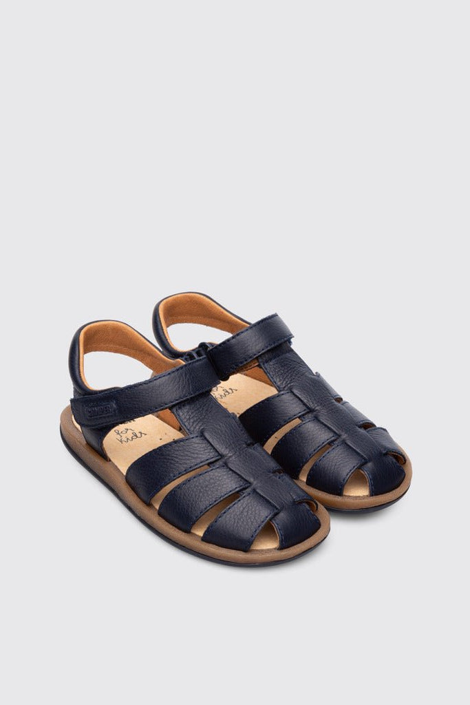 Camper: Bicho Kids Velcro Closed Toe Sandals - Navy Blue Leather - Acorn & Pip_Camper