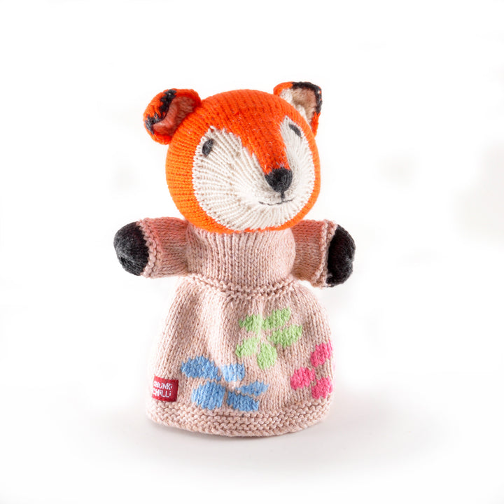 Chunki Chilli Fox hand puppet in floral knitted dress