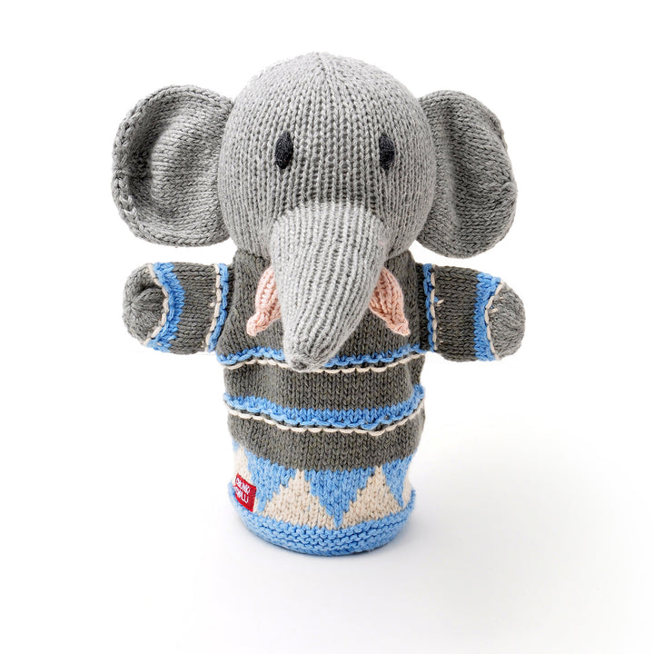 Chunki Chilli grey elephant hand puppet in blue knitted outfit
