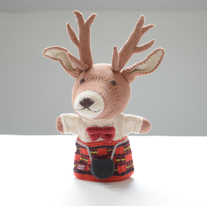Chunki Chilli Scottish stag hand puppet wearing tartan kilt