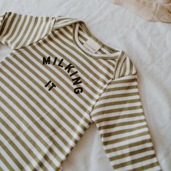 Claude & Co: Milking It Stripe Onesie - Acorn & Pip_Claude & Co