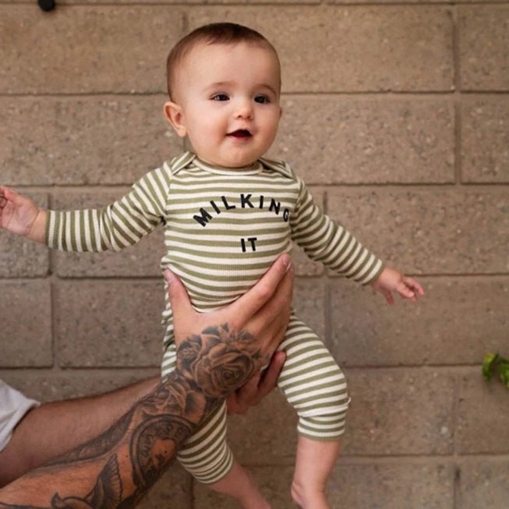 Claude & Co: Milking It Stripe Onesie - Acorn & Pip_Claude & Co