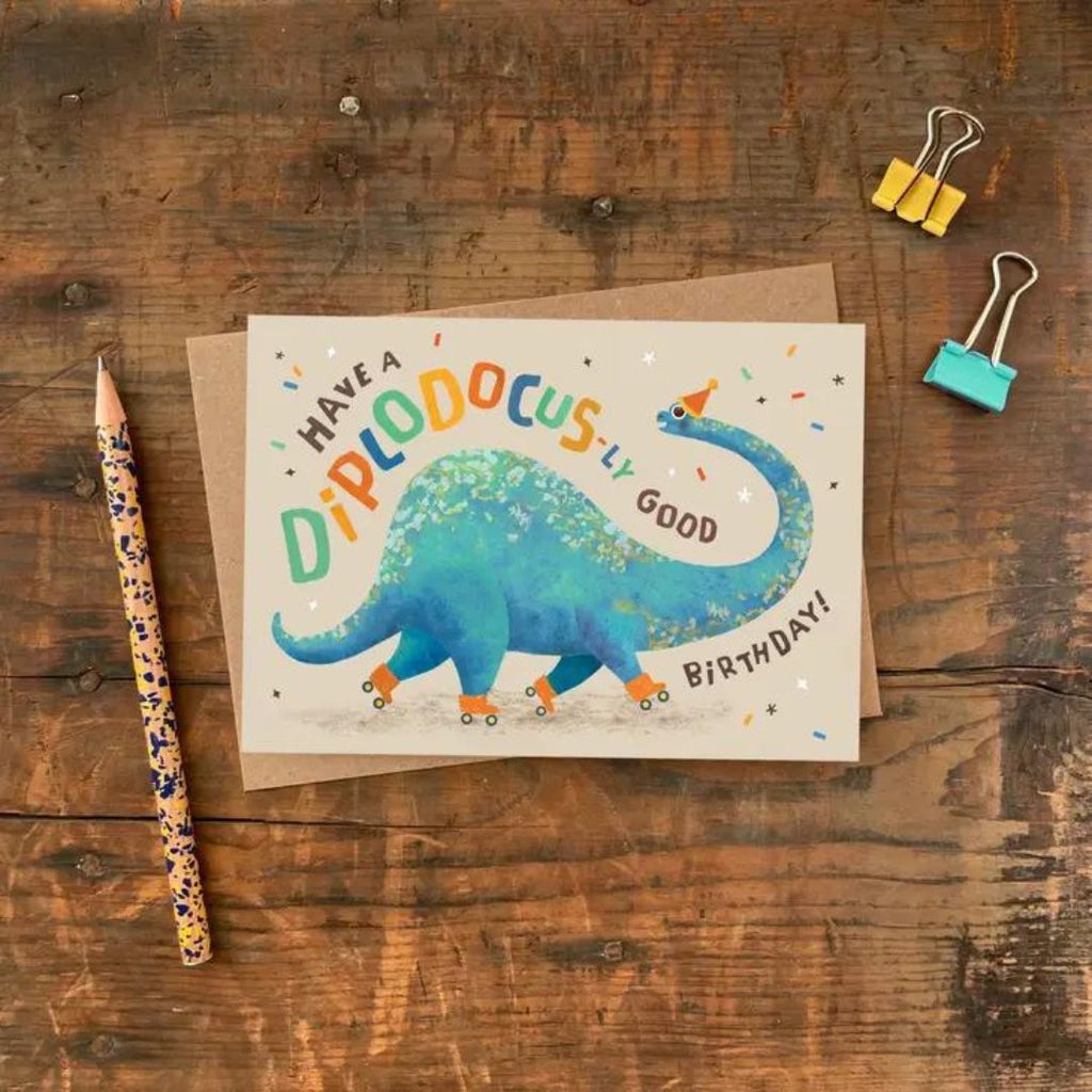 Emily Nash Illustration: Diplodocus - ly Birthday Card - Acorn & Pip_Emily Nash Illustration