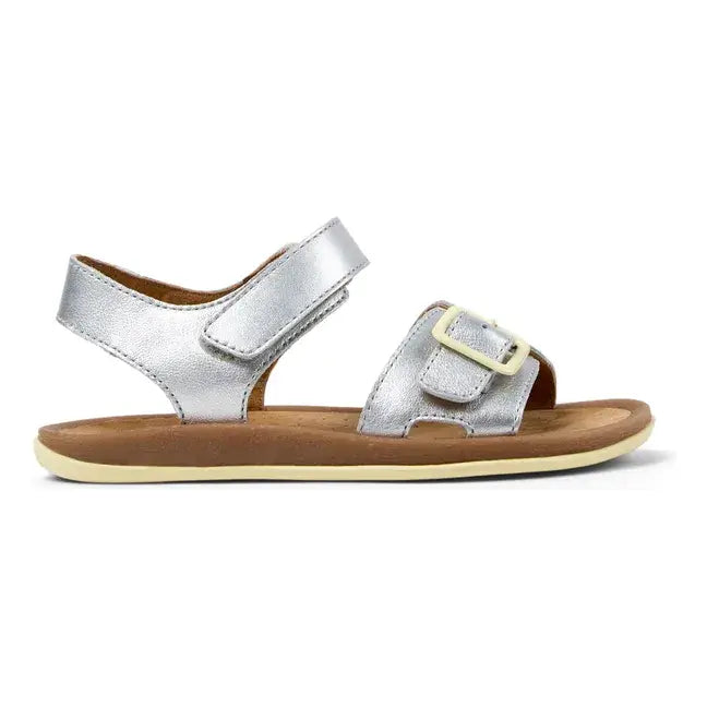 Camper Bicho grey open toe kids sandals with silver strap and adjustable hook-and-loop closure.