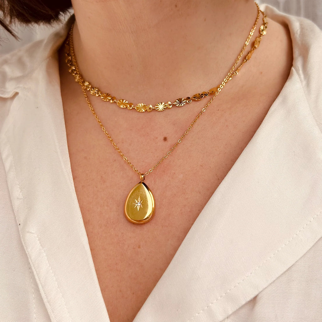 Little Nell: Everyday Solid Star Embossed Pendant Teardrop Necklace - Acorn & Pip_Little Nell Jewellery