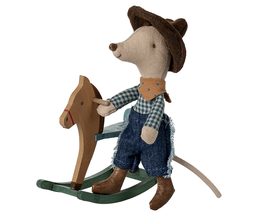 Maileg: Cowboy Mouse on a Rocking Horse - Little Brother - Acorn & Pip_Maileg