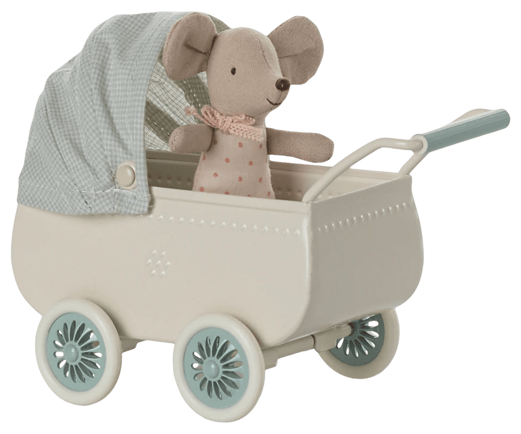 Maileg: Pram With Baby Mouse - Mint - Acorn & Pip_Maileg