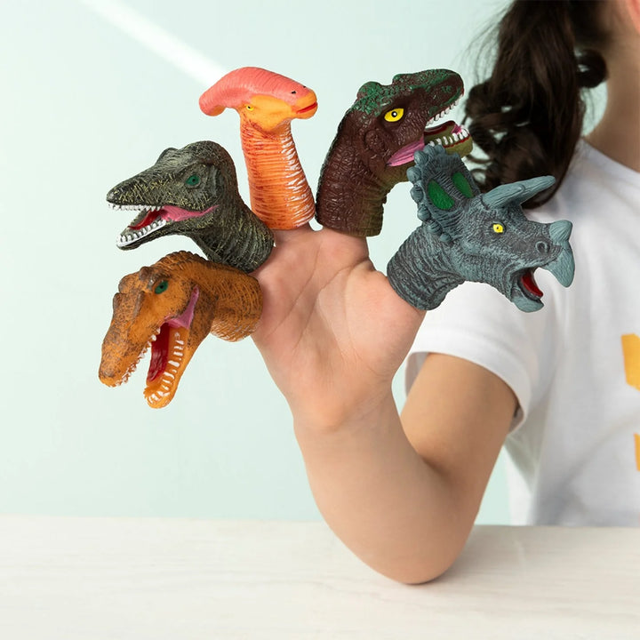 Rex dinosaur finger puppets worn on five fingers