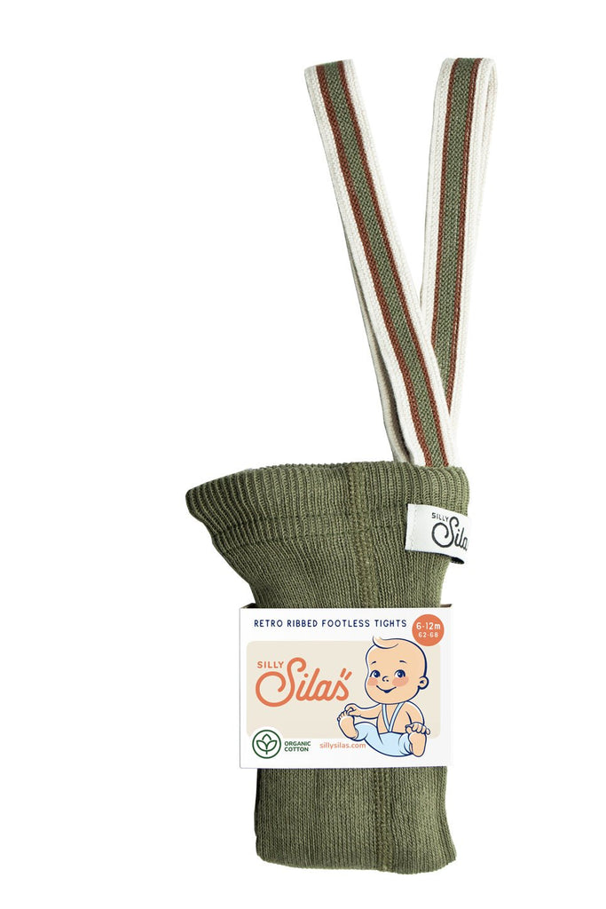 Silly Silas: Retro Ribbed Footless Tights - Olive Striped - Acorn & Pip_Silly Silas