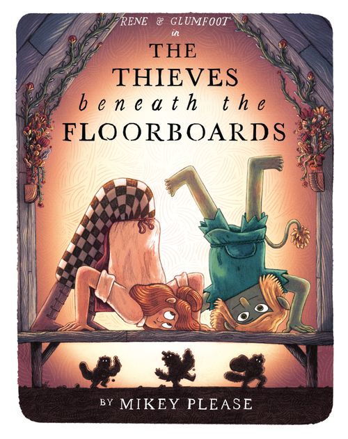 Book cover of 'The Thieves Beneath the Floorboards' with illustrations of a woman and a cat.
