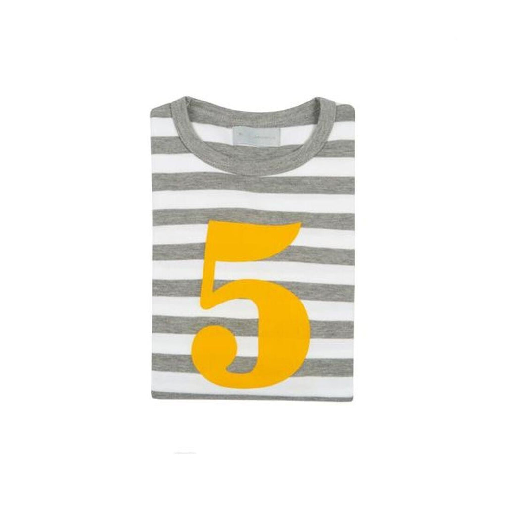 Bob & Blossom: Grey Marl & White Breton Striped Mustard Number 5 T-Shirt - Acorn & Pip_Bob & Blossom