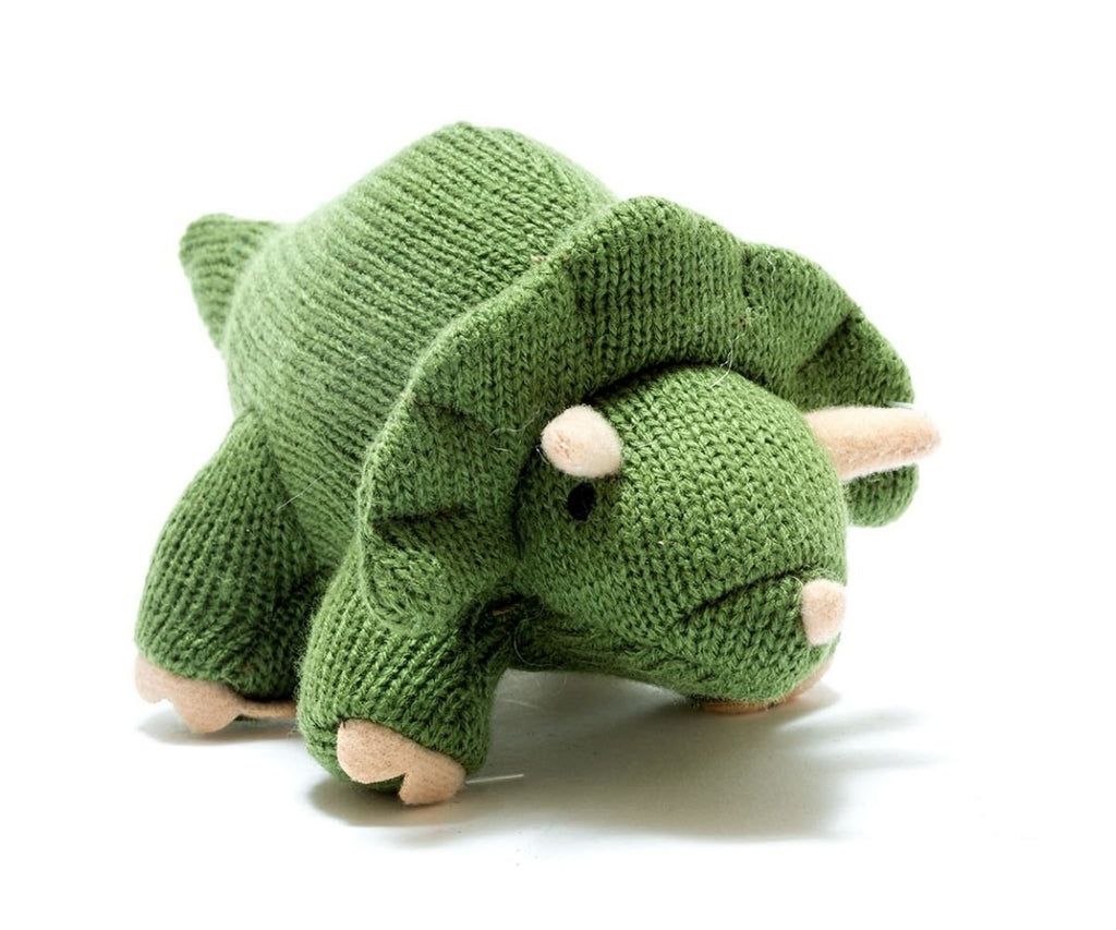 Knitted Triceratops Moss Green Rattle - Acorn & Pip_Best Years